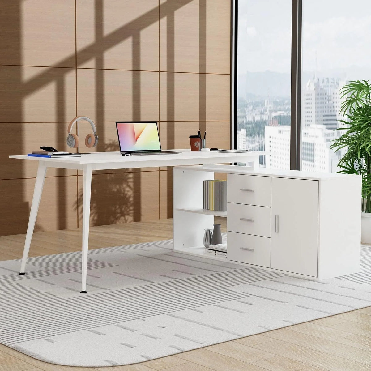 White L-Shaped Desk with 3 Drawers and Shelves A70408