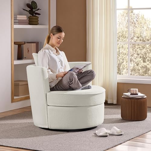 White Boucle Swivel Accent Chair with Throw Pillow G104