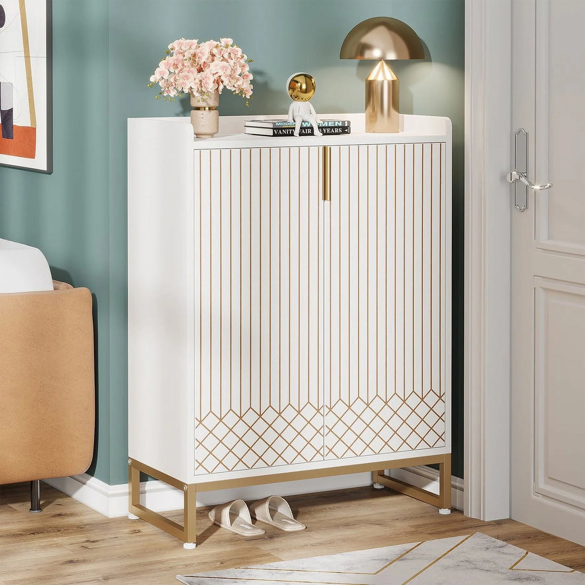 White and Gold 25 Pairs 5-Tier Shoe Cabinet D5075