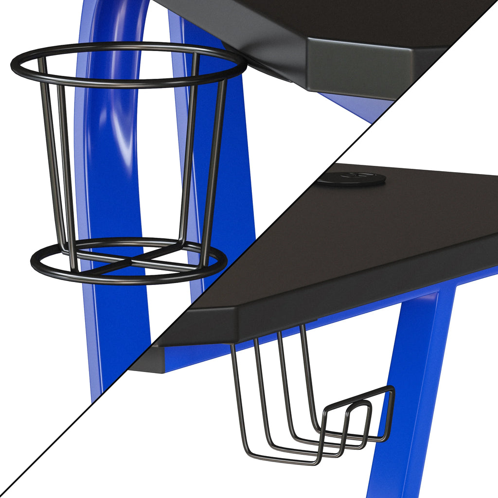 Blue Ergonomic Gaming Desk with Cup Holder and Headphone Hook N1764