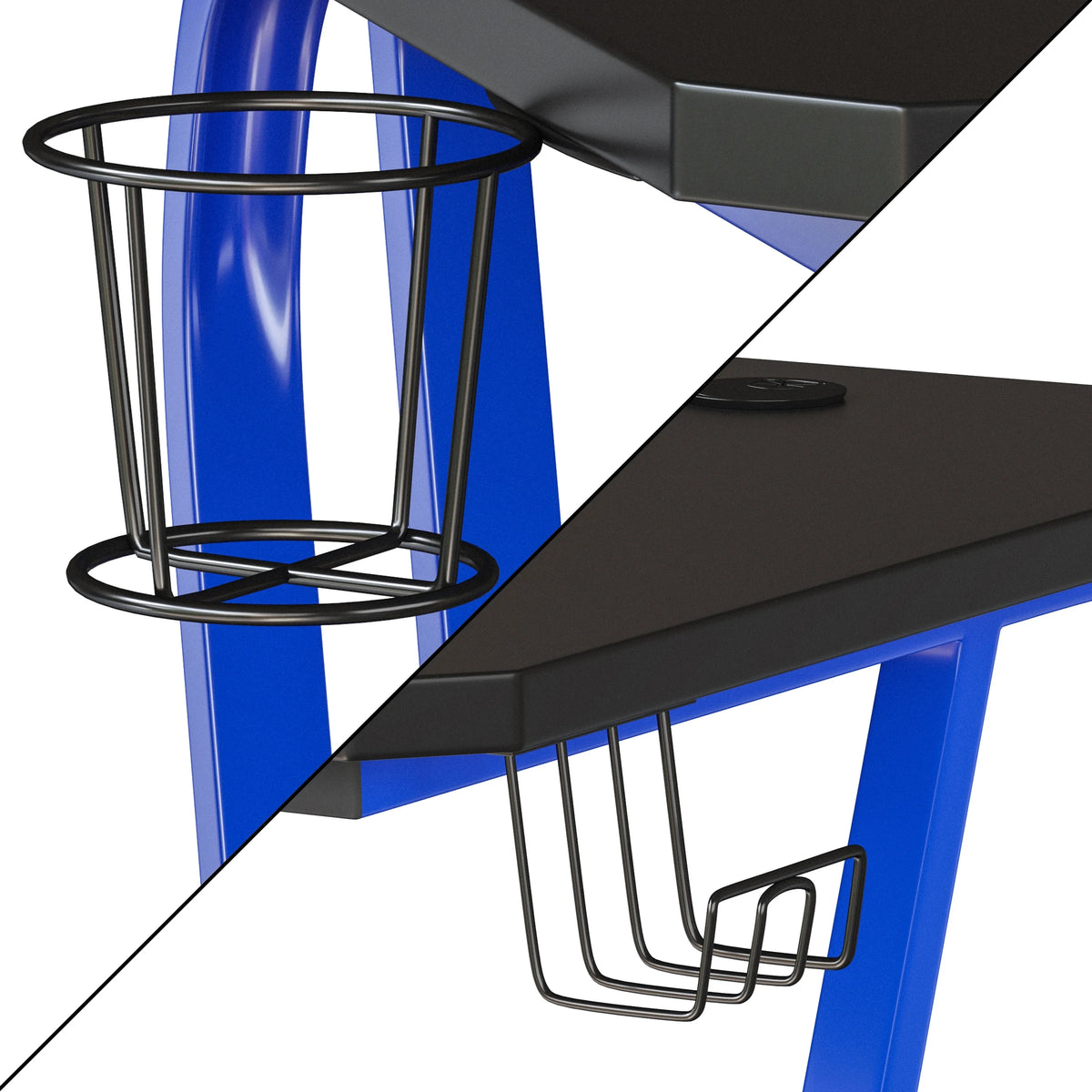 Blue Ergonomic Gaming Desk with Cup Holder and Headphone Hook N1764