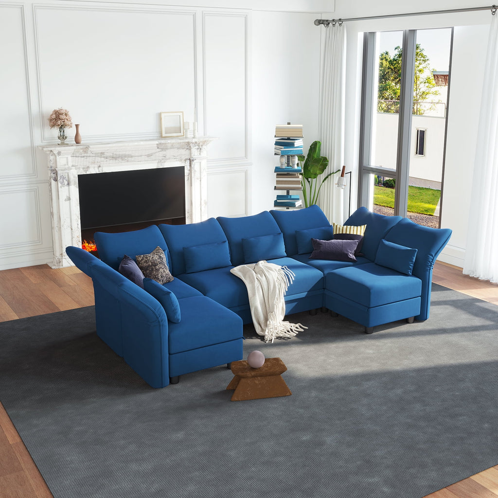 Blue Velvet U Shaped Modular Sectional Sofa with Storage Chaise V8689