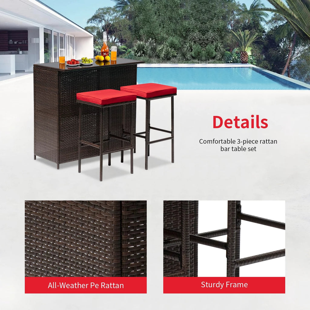 3PCS Wicker Patio Bar Set with Table and Chairs N6521