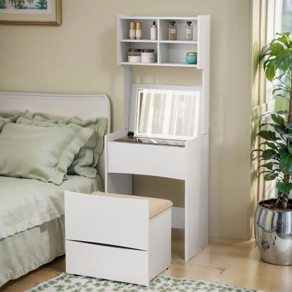 White Compact Vanity Desk Set with Flip Top Mirror and Stool X815