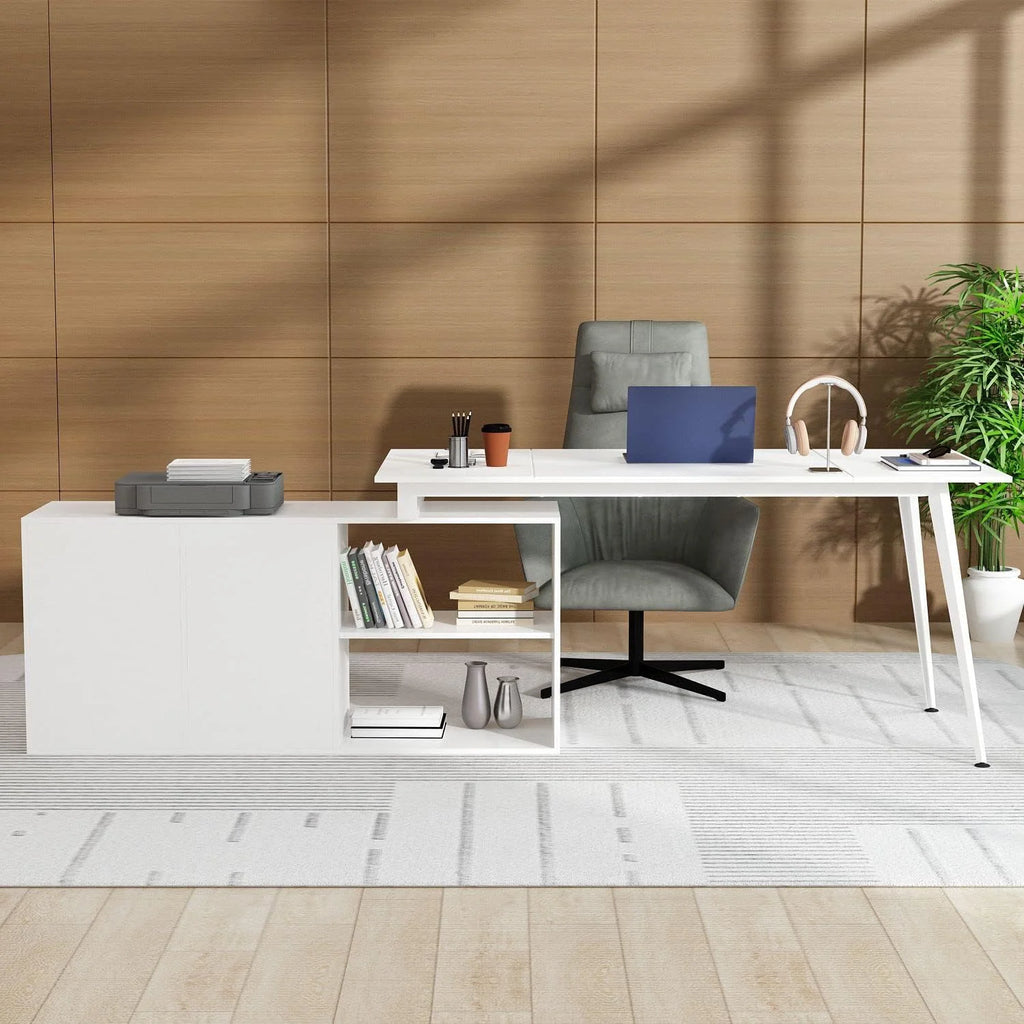 White L-Shaped Desk with 3 Drawers and Shelves A70408