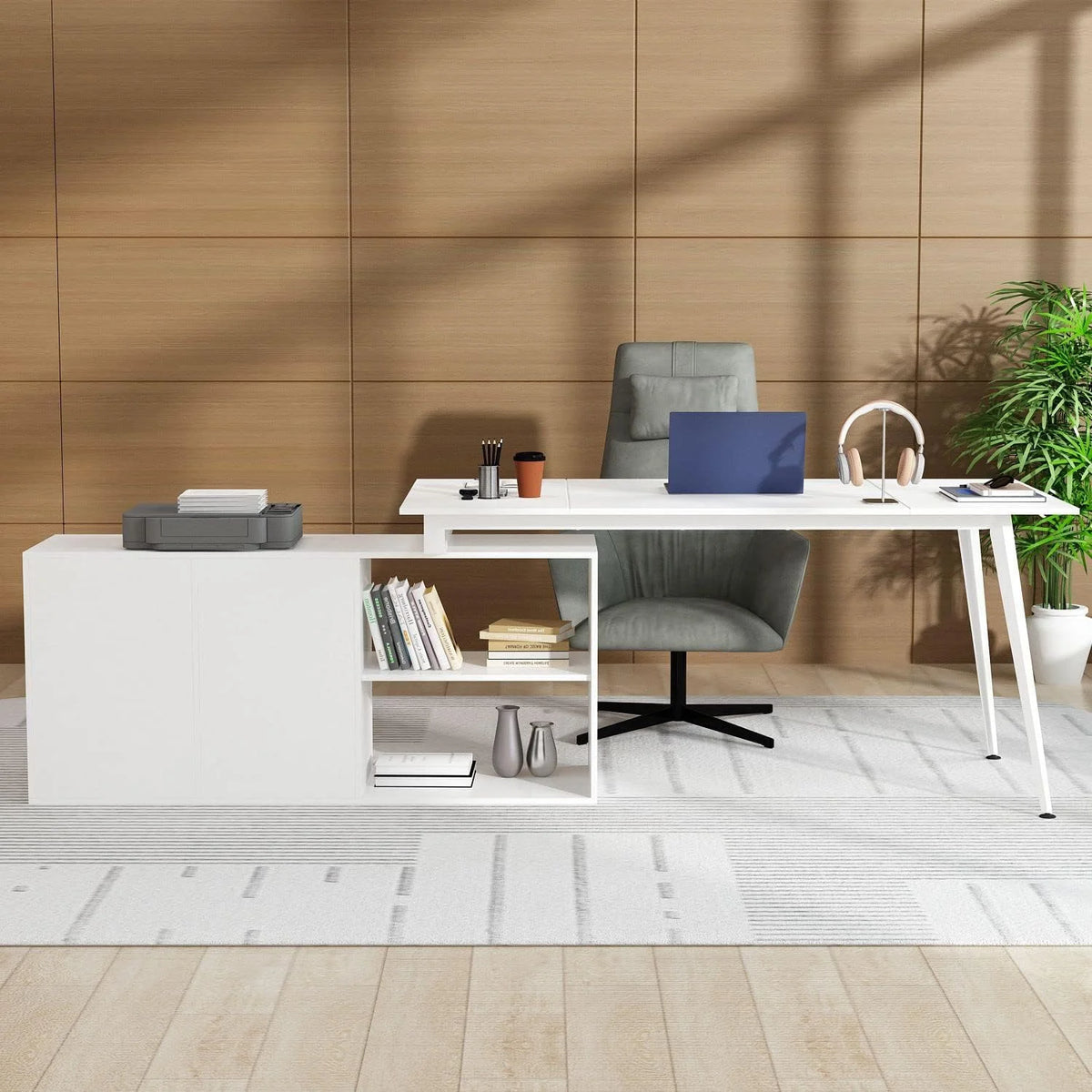 White L-Shaped Desk with 3 Drawers and Shelves A70408