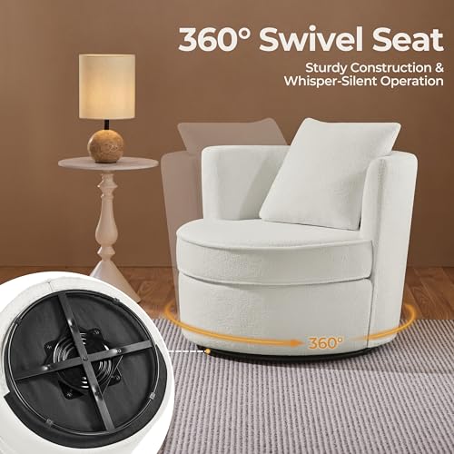 White Boucle Swivel Accent Chair with Throw Pillow G104