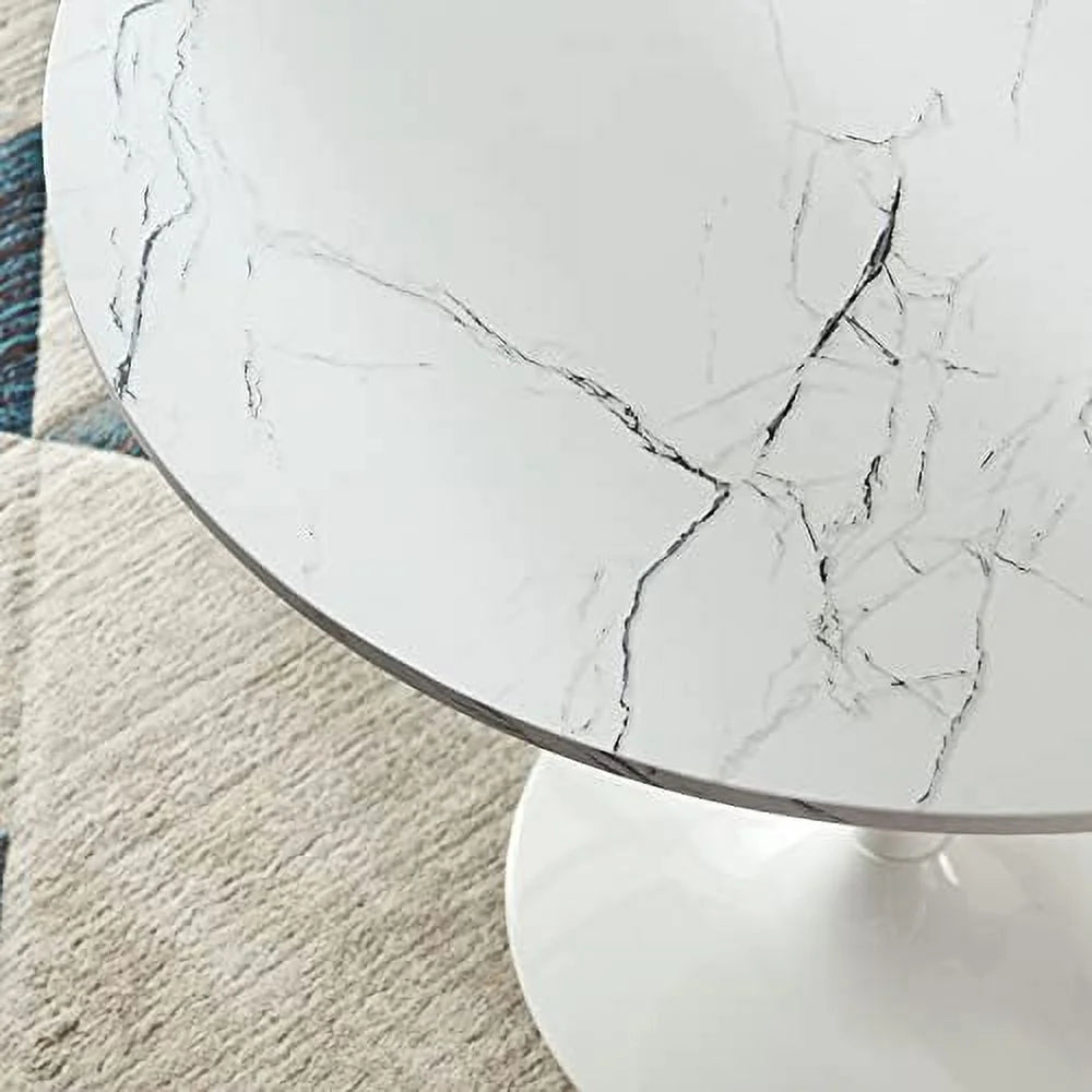White Round Dining Table with Faux Marble Top E9976