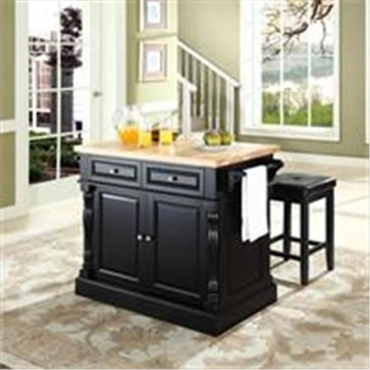 Black Kitchen Island with 24 in. Upholstered Square Seat Stools W254363
