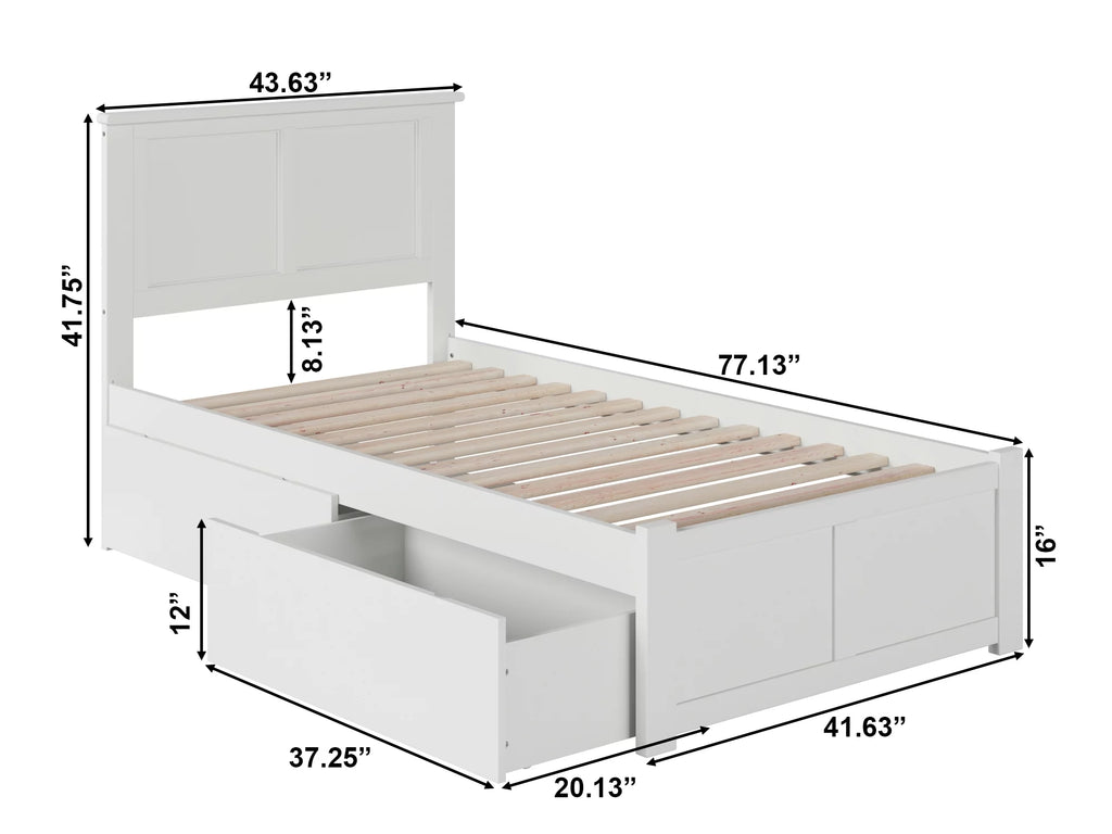 Twin Solid Wood Platform Bed with Footboard & 2 Storage Drawers in White Q17143