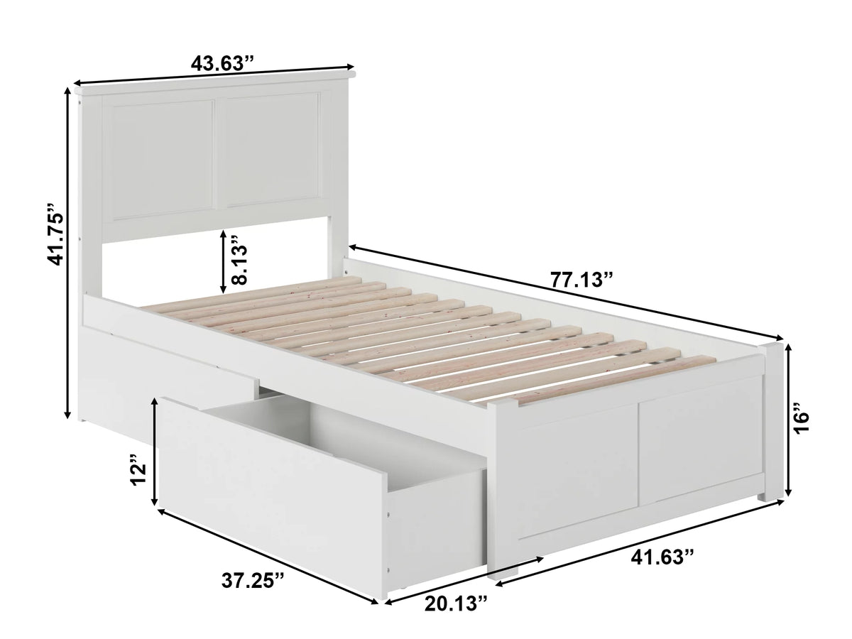 Twin Solid Wood Platform Bed with Footboard & 2 Storage Drawers in White Q17143