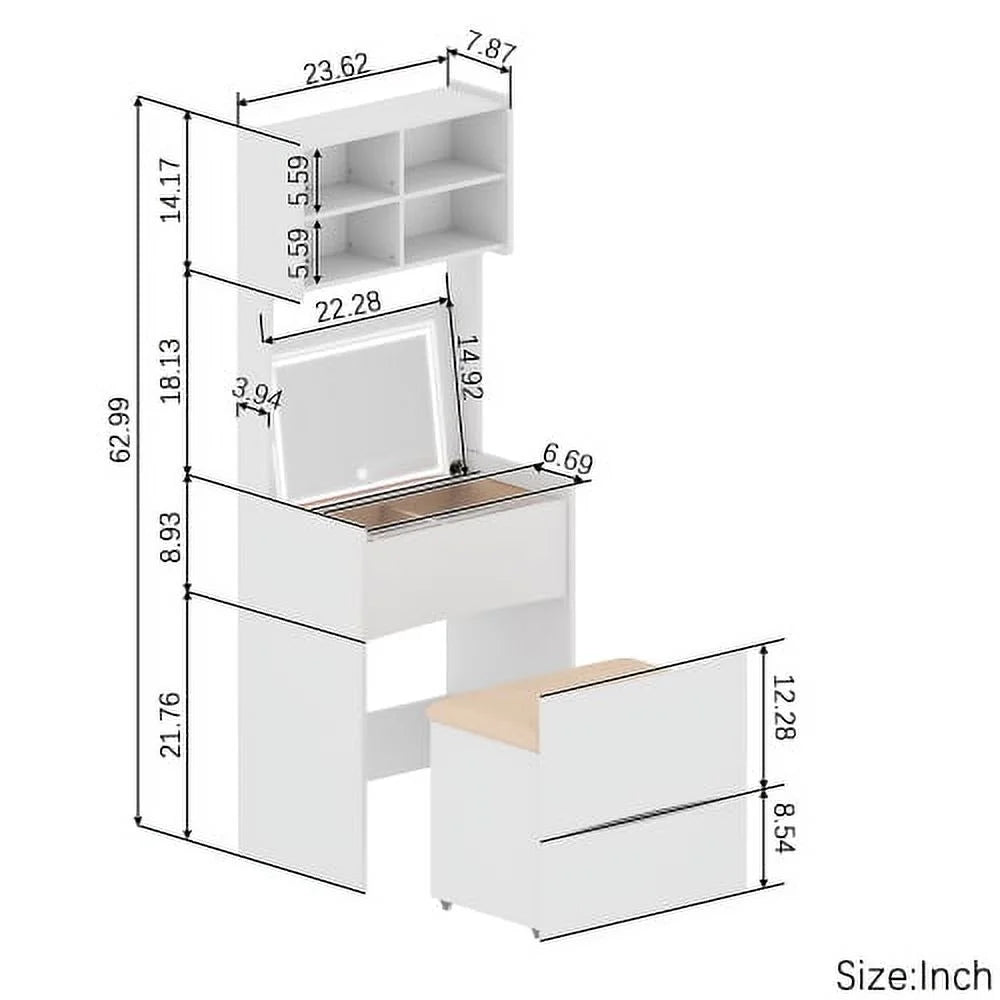 White Compact Vanity Desk Set with Flip Top Mirror and Stool X815