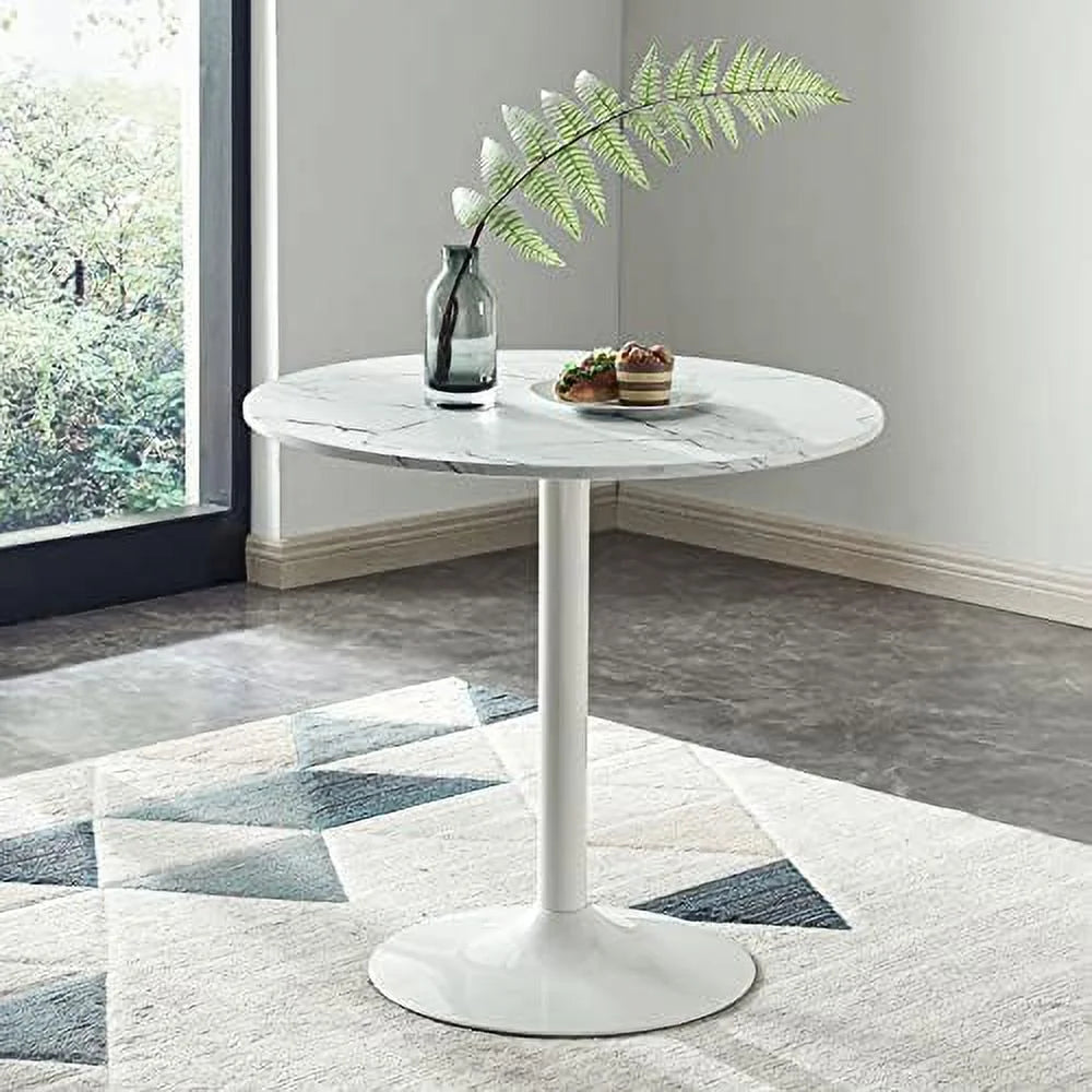 White Round Dining Table with Faux Marble Top E9976