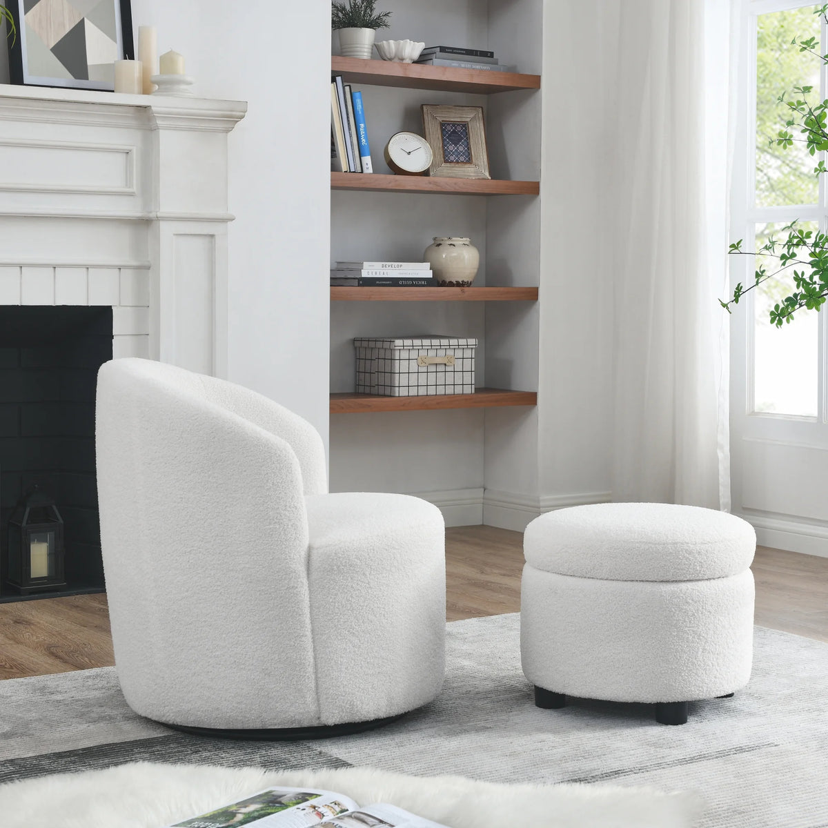 Swivel Barrel Chair with Round Storage Teddy Fabric Upholstery W5146
