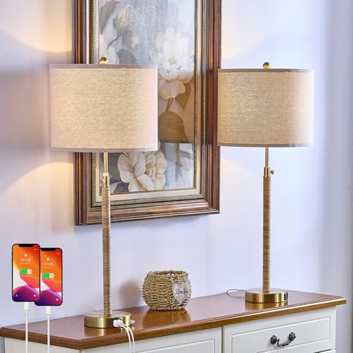 Rattan Buffet Table Lamp Set of 2 Adjustable with USB Ports H8098