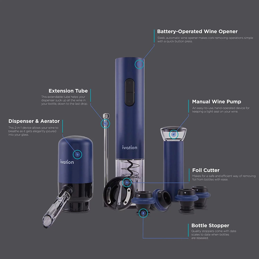 Wine Accessory Kit with Electric Bottle Opener, Aerator Dispenser, Preserver Pump, Cork Stoppers & Foil Cutter P697944