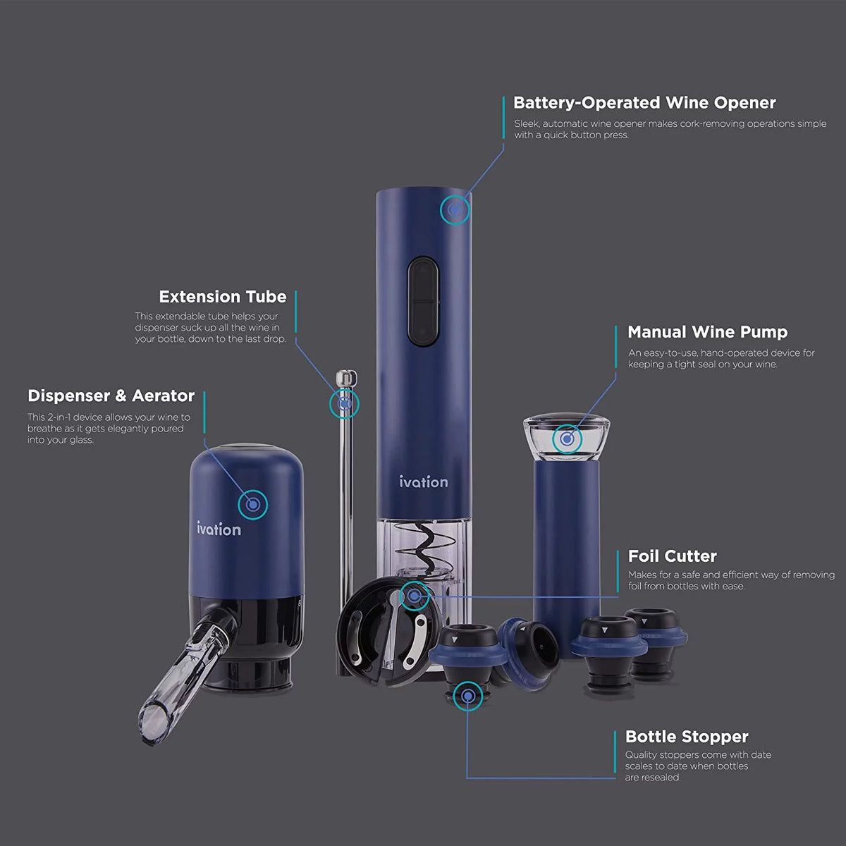 Wine Accessory Kit with Electric Bottle Opener, Aerator Dispenser, Preserver Pump, Cork Stoppers & Foil Cutter P697944
