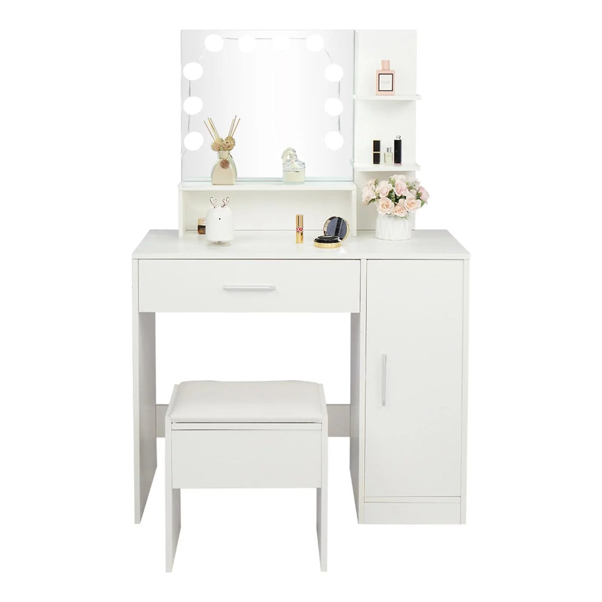 White Vanity Set with Lighted Mirror, Stool and Storage Shelves F3711