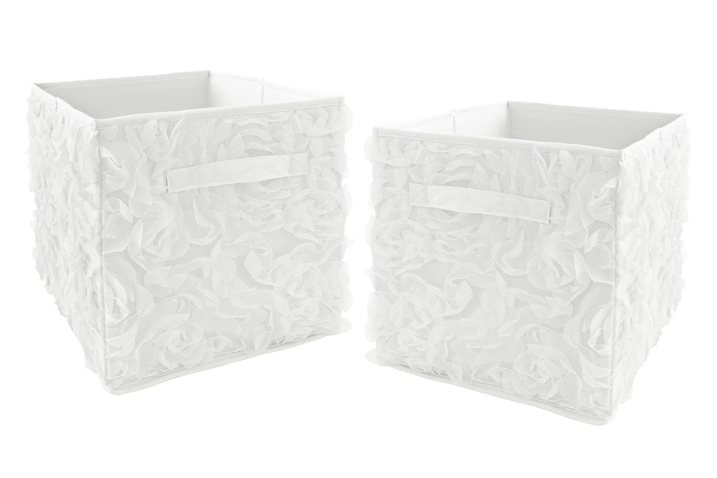 White Floral Rose Fabric Storage Bin Set of 2 V1685