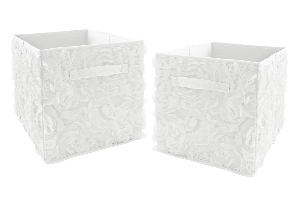 White Floral Rose Fabric Storage Bin Set of 2 V1685