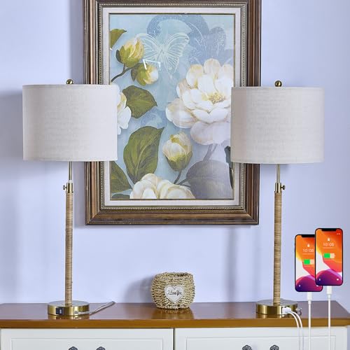 Rattan Buffet Table Lamp Set of 2 Adjustable with USB Ports H8098