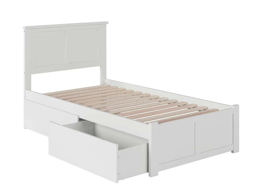 Twin Solid Wood Platform Bed with Footboard & 2 Storage Drawers in White Q17143