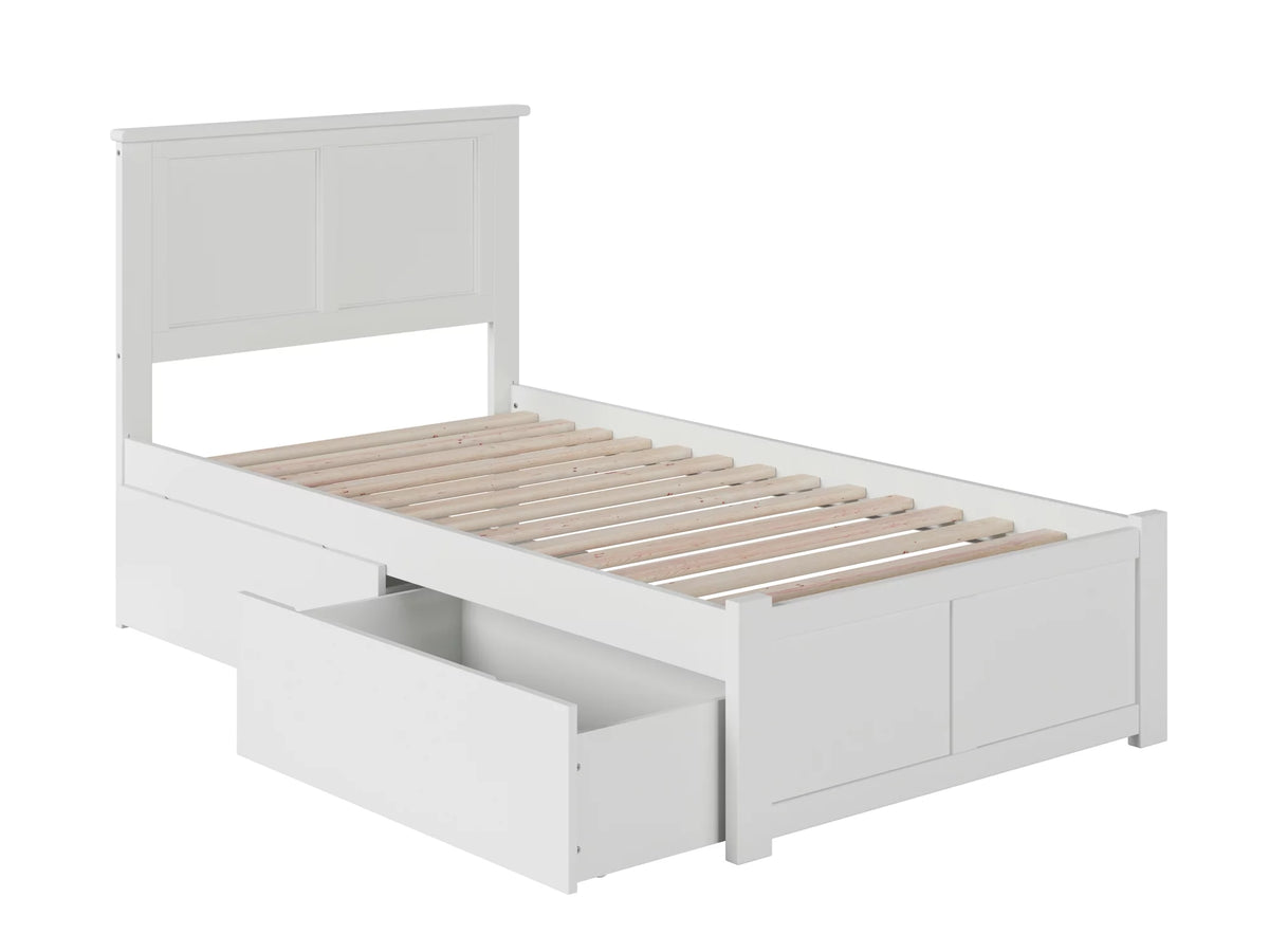 Twin Solid Wood Platform Bed with Footboard & 2 Storage Drawers in White Q17143