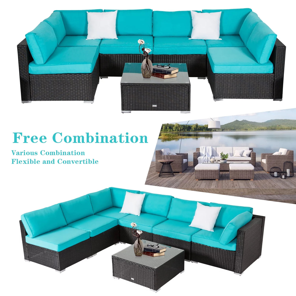 7 Pc Wicker Rattan Patio Furniture Set with Cushions L623