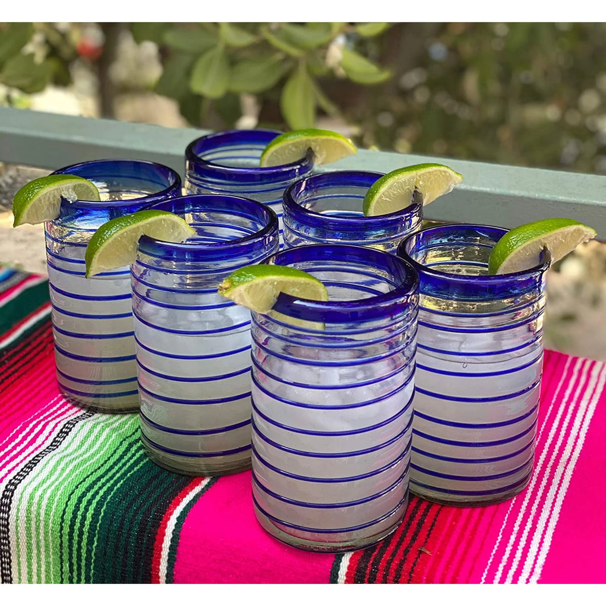 Hand Blown Drinking Glasses Set of 6 Blue Spiral 14 oz N84912