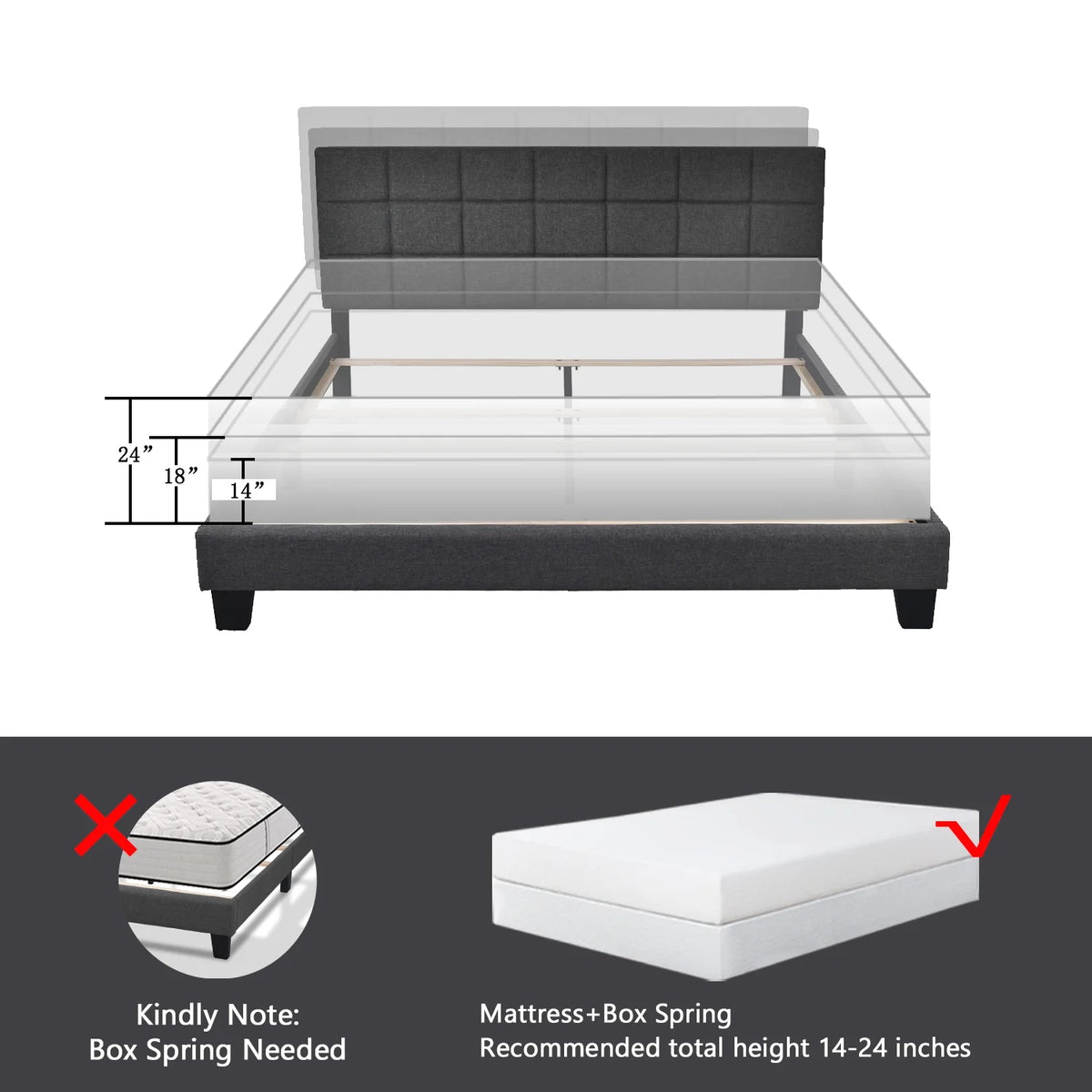 Queen Size Grey Upholstered Panel Platform Bed Frame V7536