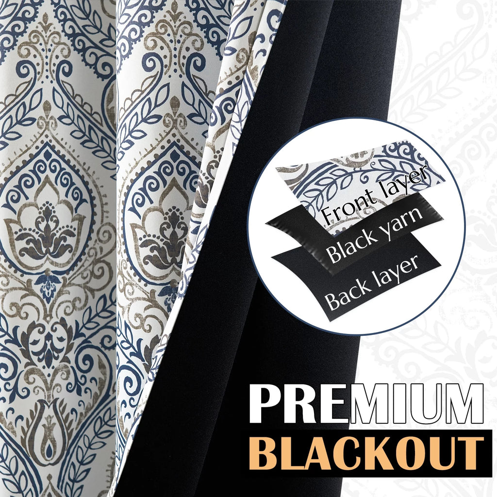 100% Blackout Blue Damask Medallion Curtains 96 in 2 Panels J956695
