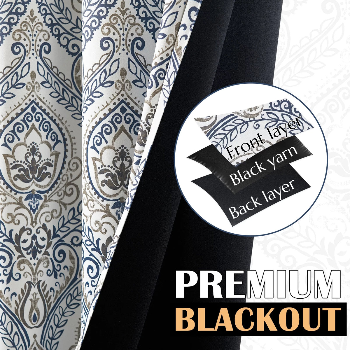 100% Blackout Blue Damask Medallion Curtains 96 in 2 Panels J956695