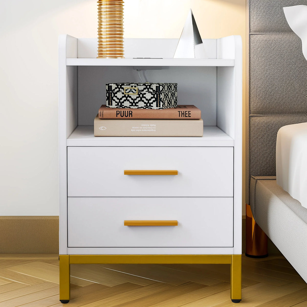 White 3 Drawer Side Table with Charging Station J680