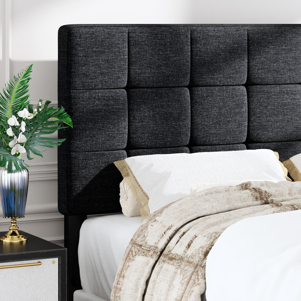 Queen Size Grey Upholstered Panel Platform Bed Frame V7536