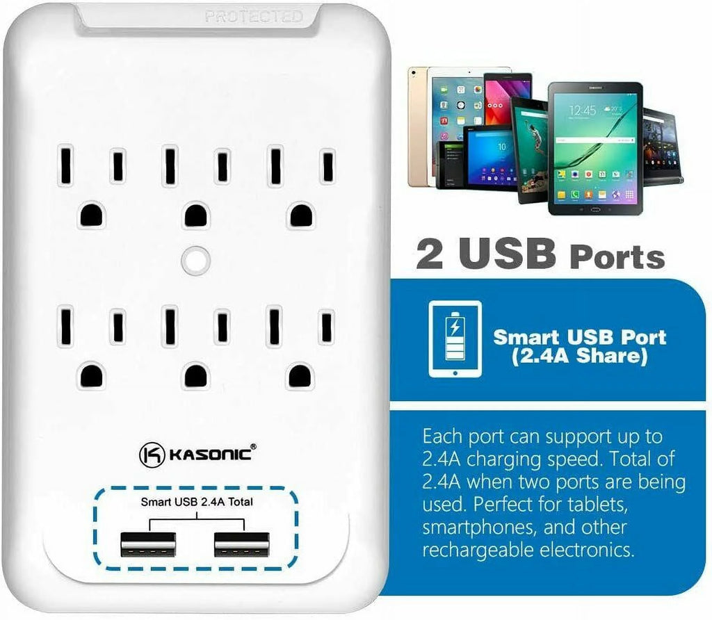 6-Outlet Wall Mount Surge Protector 2 Pack, 900 Joules with 2 USB Charging Ports C80785