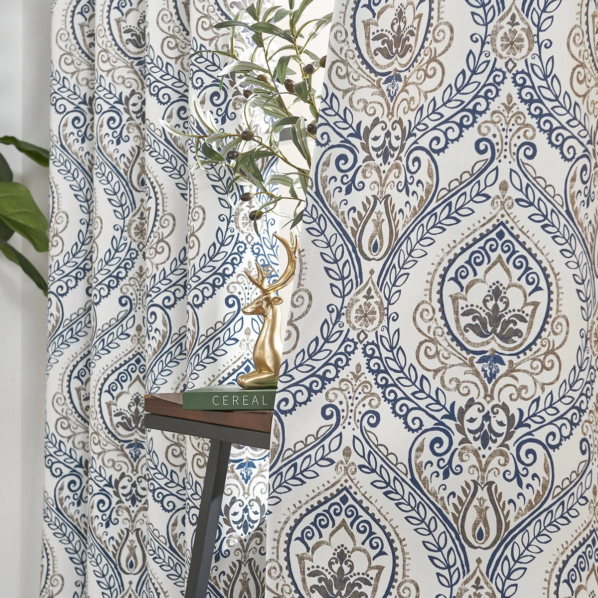 100% Blackout Blue Damask Medallion Curtains 96 in 2 Panels J956695