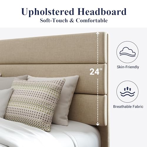 Queen Size Fabric Upholstered Platform Bed Frame with Wooden Slats U173