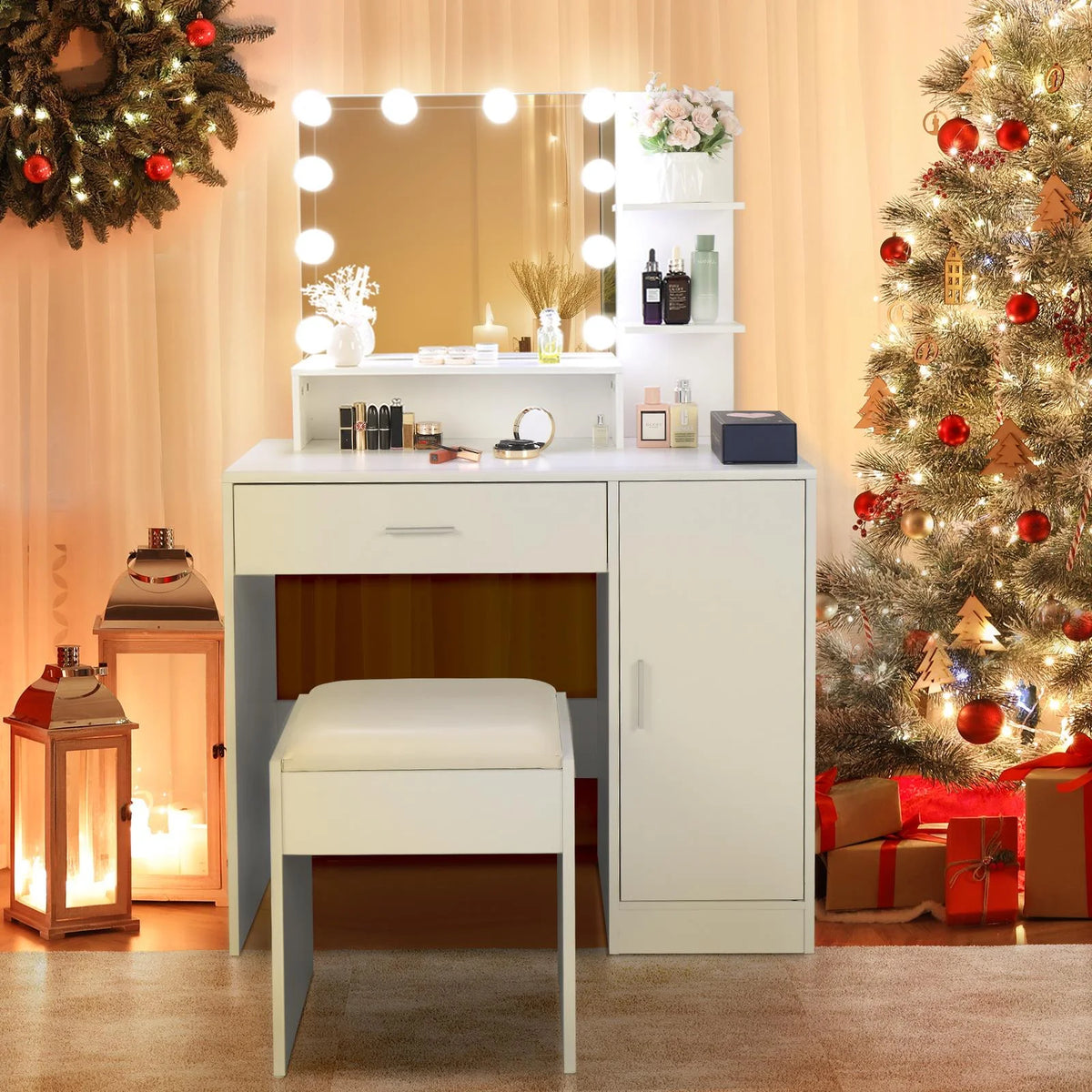 White Vanity Set with Lighted Mirror, Stool and Storage Shelves F3711