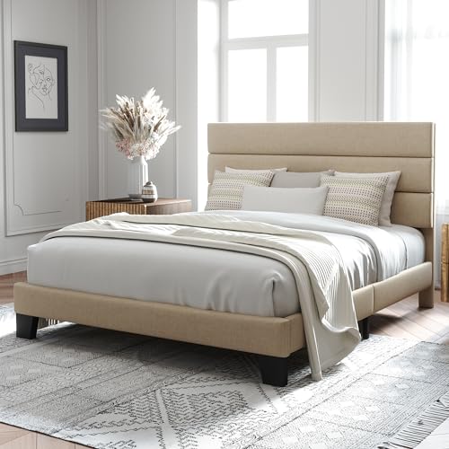 Queen Size Fabric Upholstered Platform Bed Frame with Wooden Slats U173