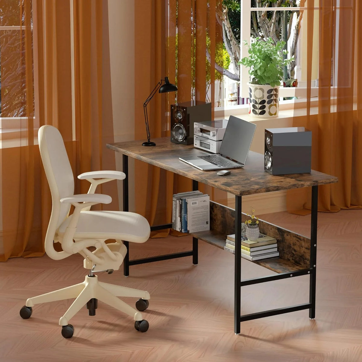 55" Wood Office Desk with Metal Legs and Book Shelf P936281