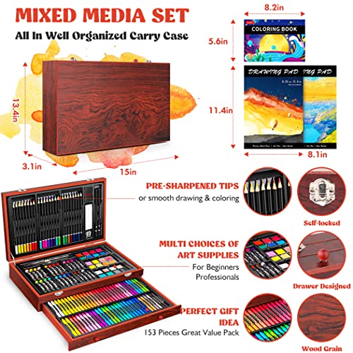 153-Pack Art Set in Wooden Case with 2 A4 Sketch Pads P661
