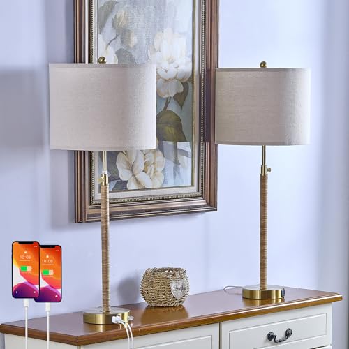 Rattan Buffet Table Lamp Set of 2 Adjustable with USB Ports H8098