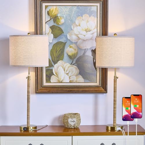 Rattan Buffet Table Lamp Set of 2 Adjustable with USB Ports H8098