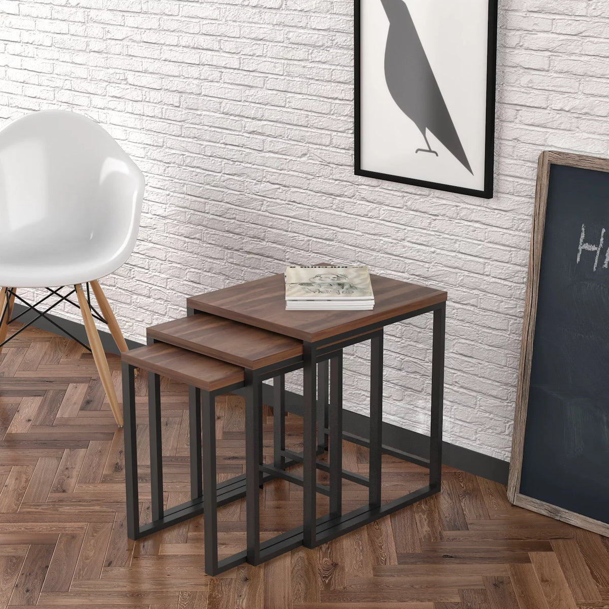 3 pcs Nesting Table Metal Legs Wood Top Walnut X667611
