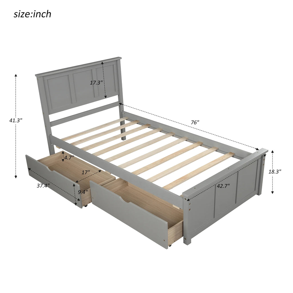 Twin Size Wood Platform Bed with Storage and Headboard D156