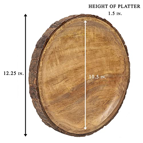 Round Wooden Serving Platter with Tree Bark Edges 13" C8423
