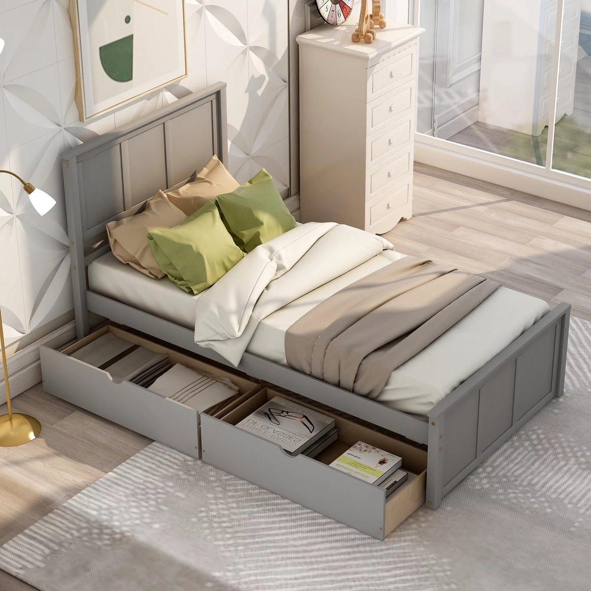 Twin Size Wood Platform Bed with Storage and Headboard D156