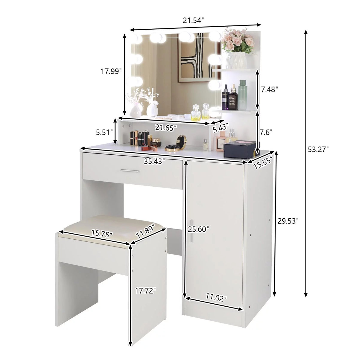 White Vanity Set with Lighted Mirror, Stool and Storage Shelves F3711