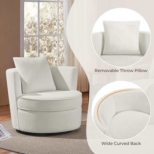 White Boucle Swivel Accent Chair with Throw Pillow G104