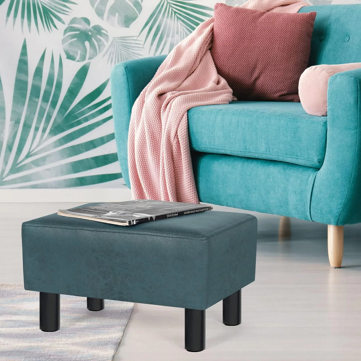 Blue Small Rectangular Ottoman Footstool K356